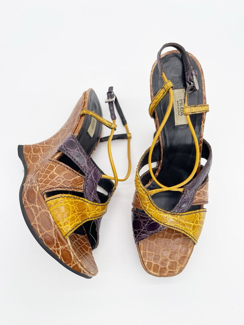 Prada Vintage Fall 2004 Runway Exotic Alligator Sculptural Wedge Sandals IT 37